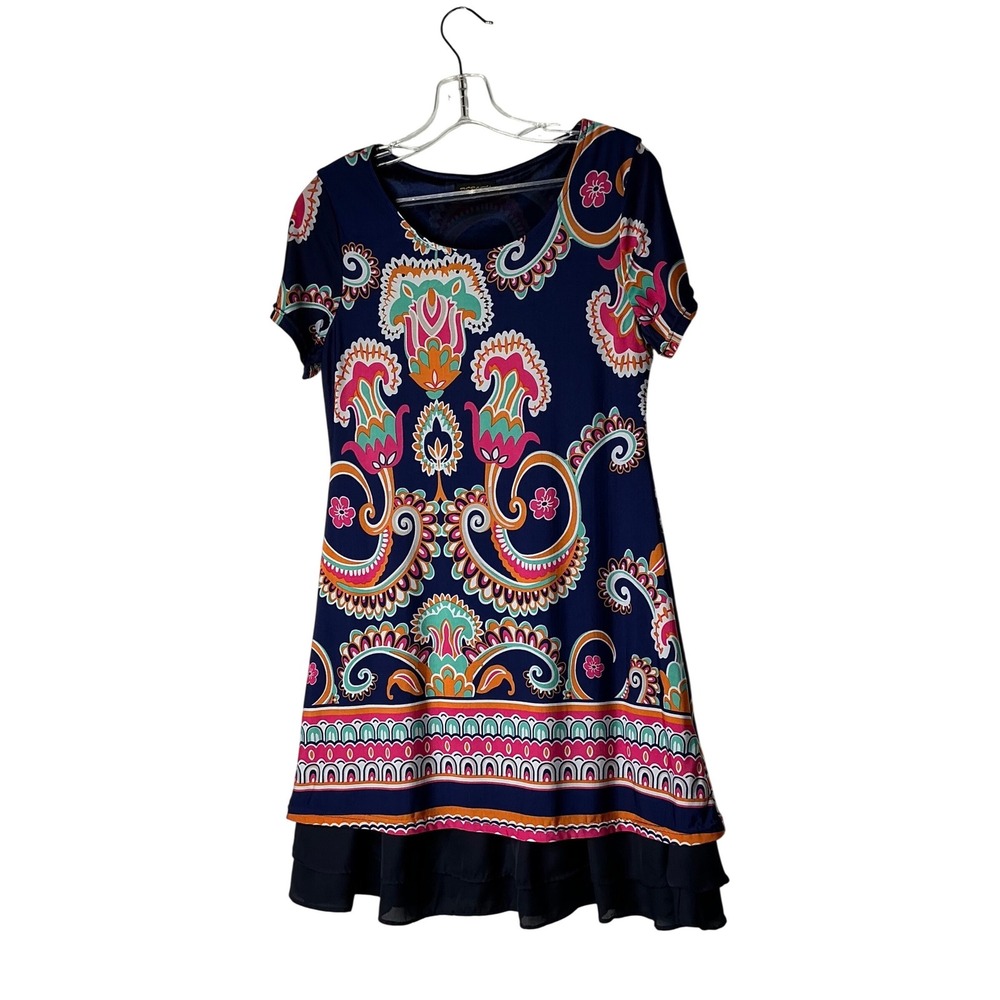 Reborn Womens Navy Blue Paisley Floral Boho Tiered Ruffle Hem Shift Dress Size M